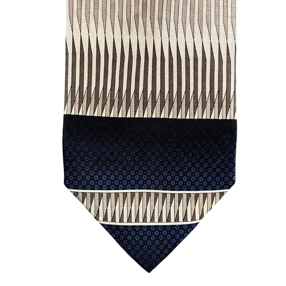 Dino Bassi Mens Silk Tie Navy Blue Tan Geometric Striped Handmade 4 Inch Width